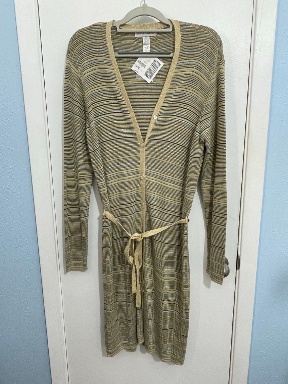 Casual Corner Long Knit Cardigan Sweater XL Metallic Gold Striped Y2K  NWT